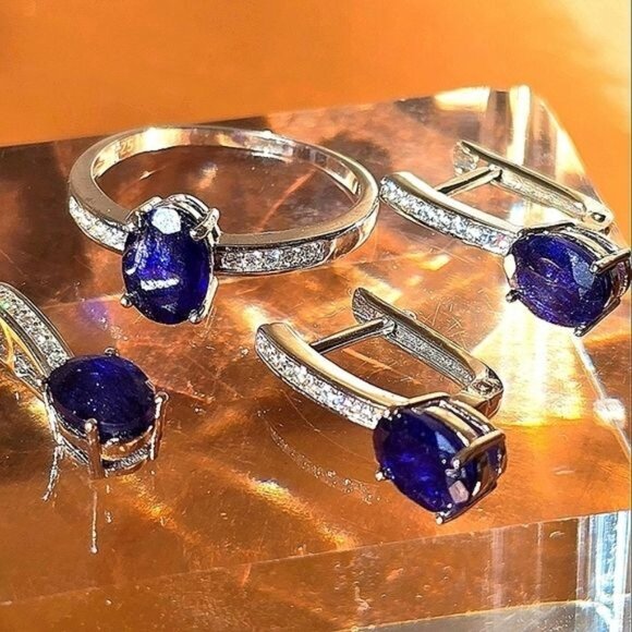 Natural Sapphire set "Teala" 925 Sterling Silver Earrings Pendant Ring 7… - Picture 1 of 7